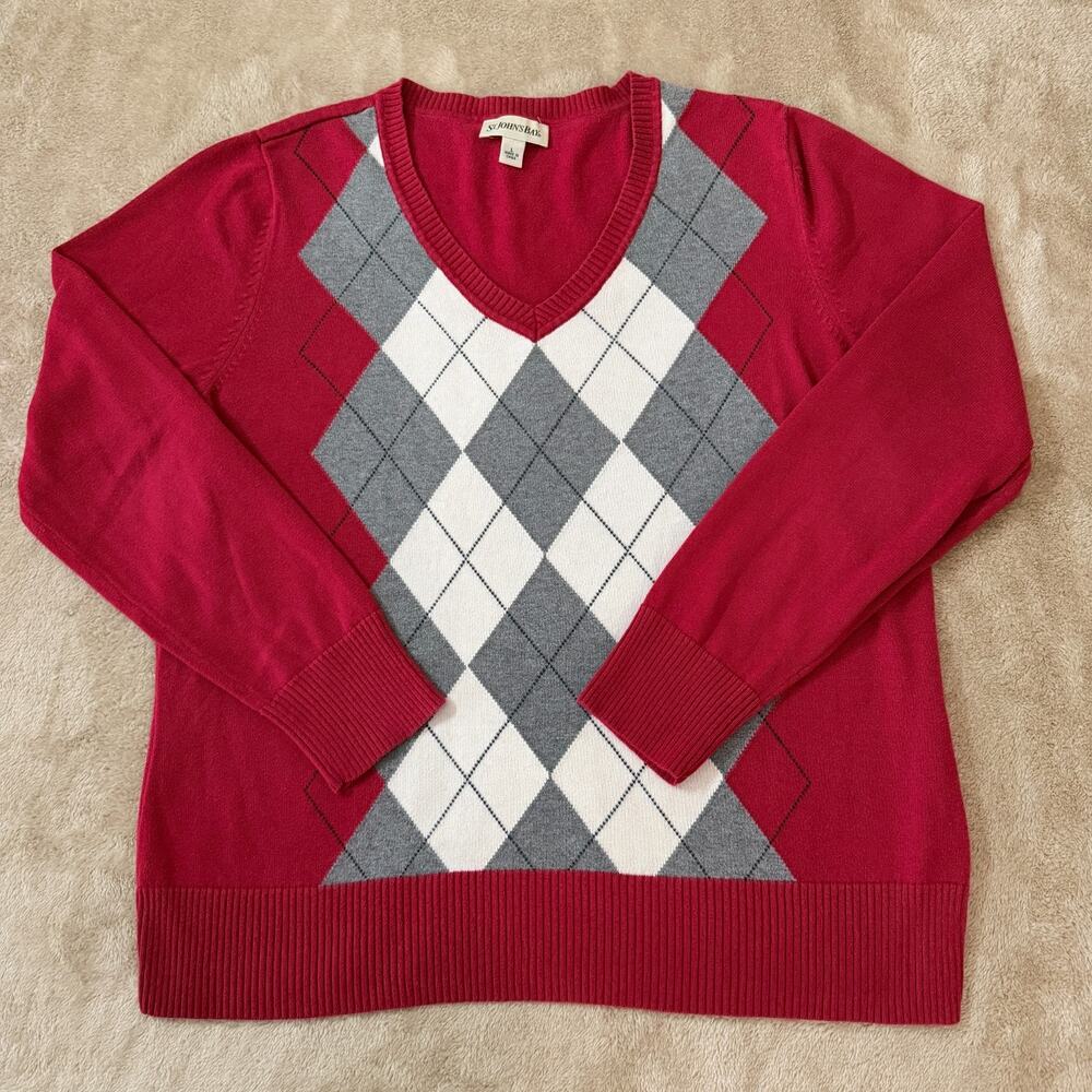 St Johns Bay Red Gray White Argyle Knit V-Neck Sweater Preppy Academia L